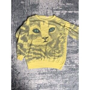 VINTAGE Cat Sweatshirt Mens Medium Yellow Kitty Crewneck Fleece Pullover 00s